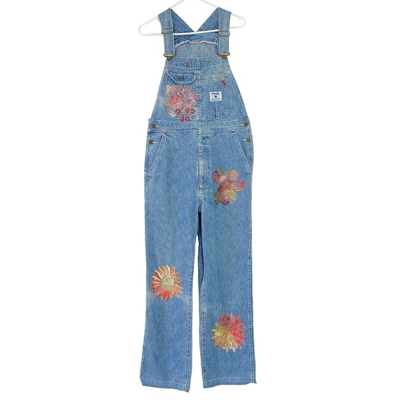 Vintage 90s Wrangler Overalls Womens Size 8 Medium Floral Hand Painted Handmade - Picture 1 of 16
